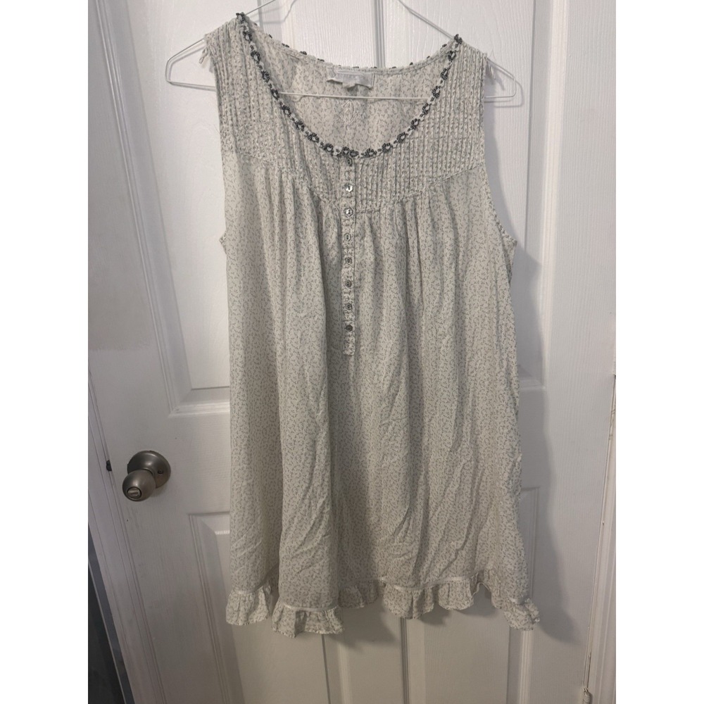 Eileen West Nightgown Womens M Cream Leaf Print Sleeveless Pintuck Ruffle Hem